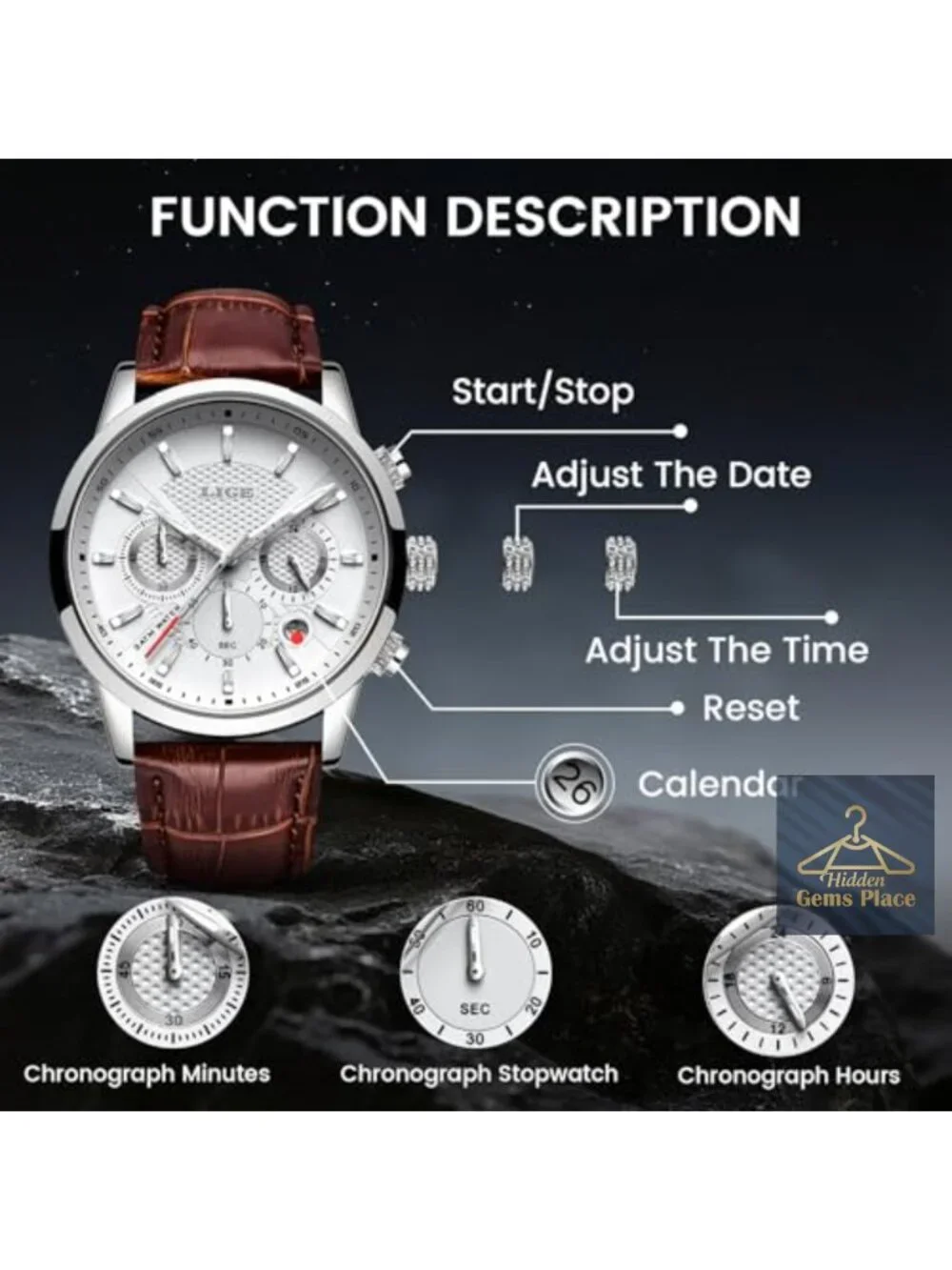 Men's Vintage Chronograph Leather Strap Watch - Quartz Dress Waterproof